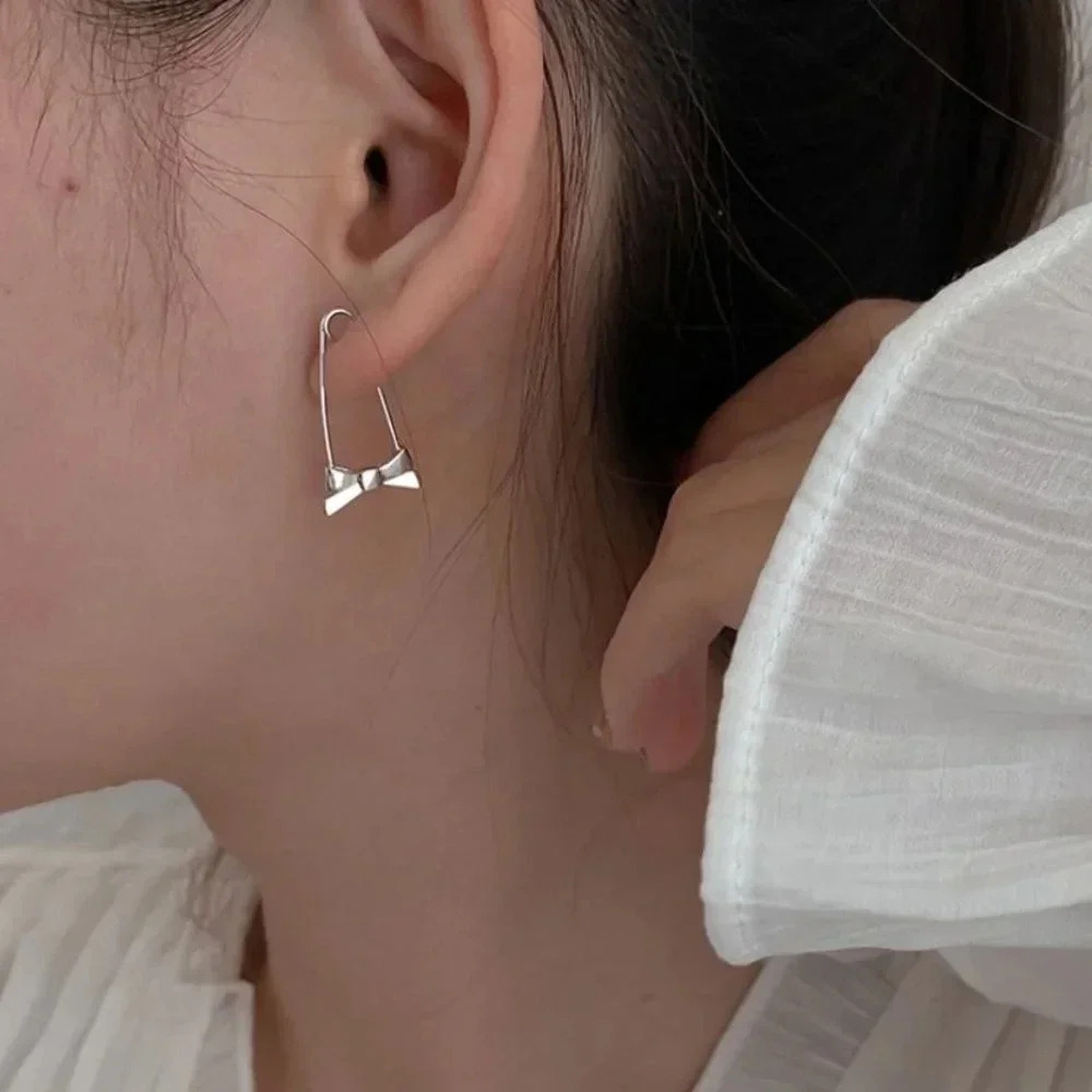 925 Sterling Silver Bow Paperclip Earrings Safety Pin Earrings Bow Huggies